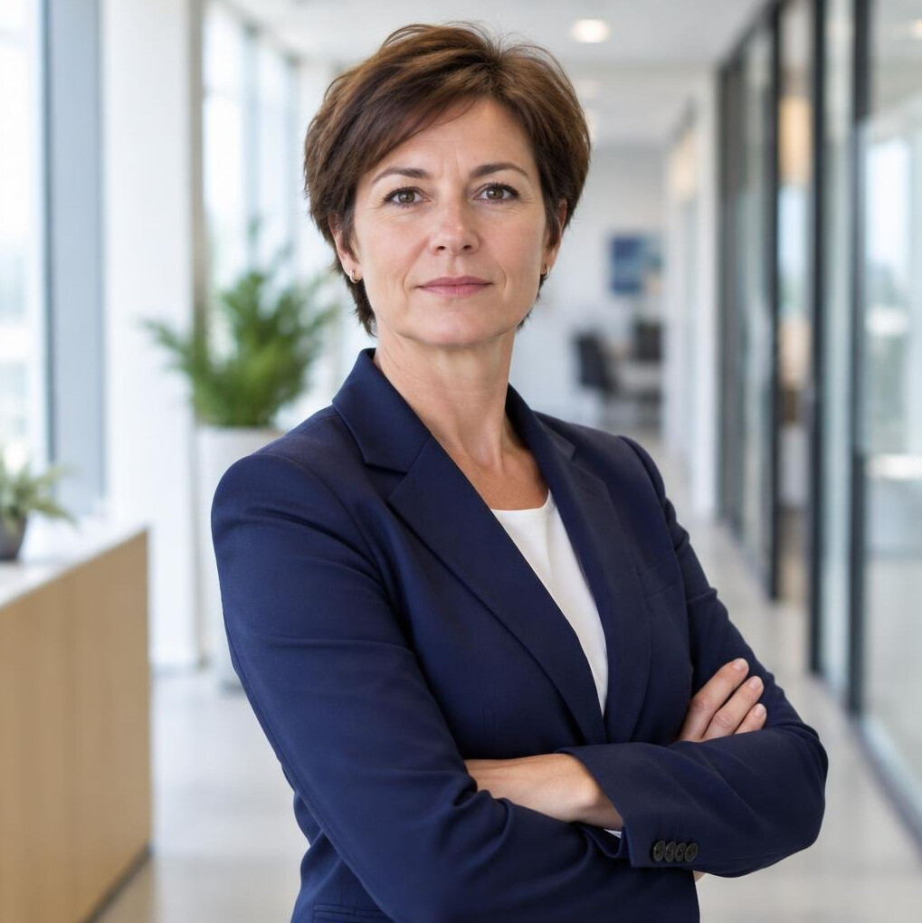 Business woman in a blazer standing confidently in a modern office