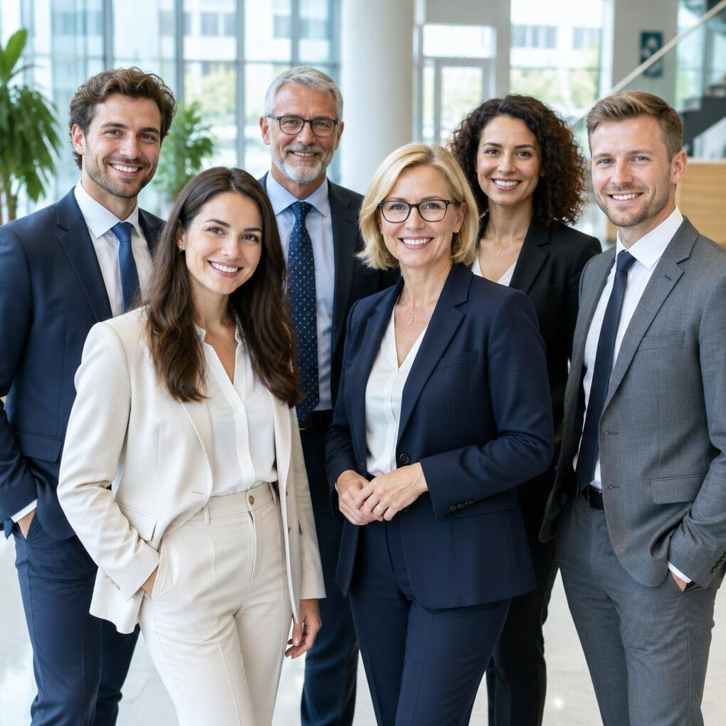 Diverse group of business professionals standing together smiling
